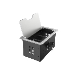 Прямоугольный металлический корпус Wize Pro WRTS-12BOX-S для модульной системы врезного лючка в стол с откидывающейся крышкой, до12 модулей-вставок, беспроводная зарядка 10Вт для моб.устройств на крышке, преустановленная рамка,серебр.