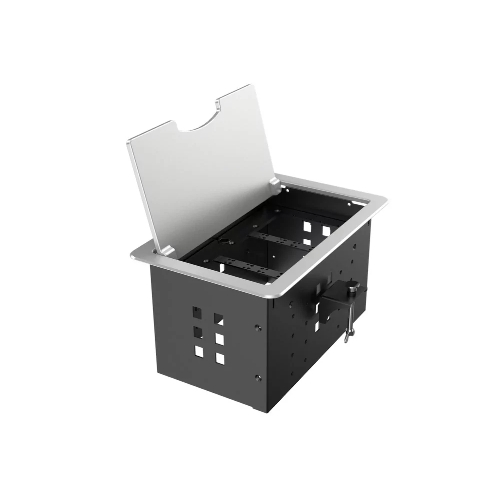 Прямоугольный металлический корпус Wize Pro WRTS-12BOX-S для модульной системы врезного лючка в стол с откидывающейся крышкой, до12 модулей-вставок, беспроводная зарядка 10Вт для моб.устройств на крышке, преустановленная рамка,серебр.