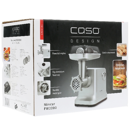 Мясорубка электрическая CASO FW 2000 серебристый, 2000 Вт, 2.5 кг/мин, реверс, защита от перегрузки, насадки - 5