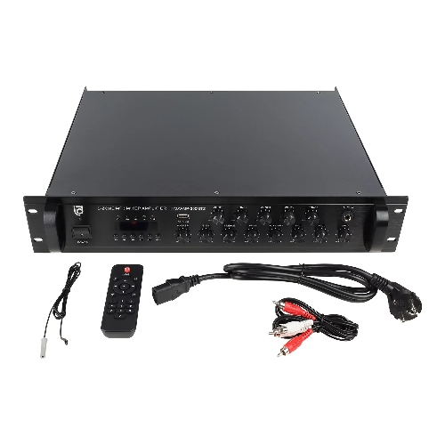 Микшер-усилитель Intrend ITMXAMP-350MTZ зональный, 5 зон. MP3, FM-тюнер, USB, Bluetooth, 3хMic/2хLine входы, 1хLine выход, 350 Вт, 4-16 Ом/100V, IR-пульт в комплекте