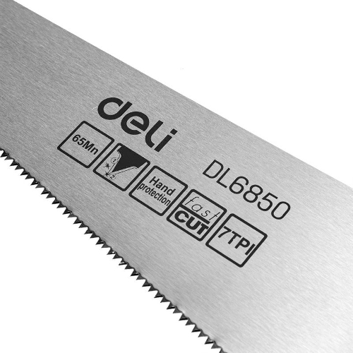 Ножовка по дереву Deli DL6850 500мм Материал: 65Mn. Термообработанная поверхность. Зубья пилы: 7 TPI. Шлифовка зубов с 2-х сторон. Литая ручка из двухкомпонентного противоударного пластика.