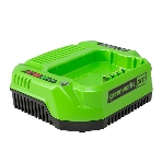 Зарядное устройство GreenWorks 60V (2932007)"Зарядное устройство Greenworks (модель) - используется для заряда аккумуляторных батарей Гринворкс 60 вольт на 2 А/ч,4 А/ч и 6 А/ч.Время зарядки данных аккумуляторов составляет: 2 А/ч = 60 минут; 4 А/ч = 120 минут.Зарядка оснащается системой автоматического отключения при достижении максимального заряда батареи для сохранения рабочих характеристик Li-Ion, а также специальным чипом, который защищает батарею от перегрева. Эти современные системы интеллектуального заряда обеспечивают сохранность дорогостоящего лития от преждевременной потери своих свойств и обеспечивают максимально возможный срок службы батареи. Для устойчивости зарядка имеет прорезиненные ножки. Для крепления на стену есть специальная проушина. На корпусе зарядки присутствую индикаторы заряда. Питание зарядного устройства осуществляется от сети 230 вольт переменного тока 50-60 Гц, 1,9 Ампер.Преимущества модели: Совместимость с аккумуляторами Greenworks 60V; Чип для защиты от перегрева