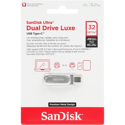 Флешка USB Sandisk Ultra Dual Luxe (SDDDC4-032G-G46), 32Gb, USB 3.2 Gen 1/Type-C, R/W 150/40, серебристый