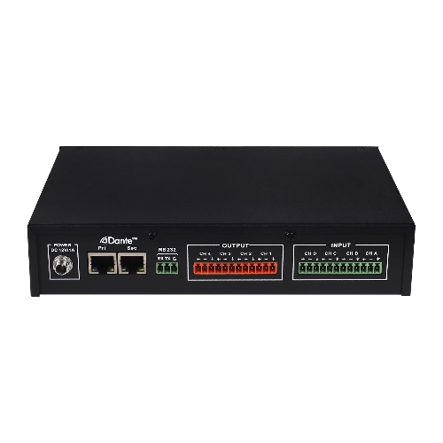 Конвертор Intrend ITDAN-PTR44 Dante - аналог. 4 входа/4 выхода phoenix, 2xRJ45(Dante). встроенный аудиопроцессор (gain, phantom power, mute). Управление ethernet/RS232. Питание 12V