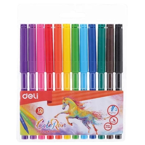 Фломастеры Deli EC10003 ColoRun, вентилируемый колпачок, 12 цветов, пакет с европодвесом