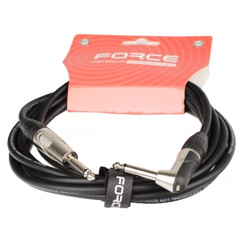 Кабель гитарный FORCE FGC-09/3L1/4" TS Jack - 1/4" TS Jack угловой, высококачественный, малошумящий с проводниками из безкислородной меди OFC, диаметр 6 мм, профессиональные металлические разъемы, длина 3 м, цвет черный