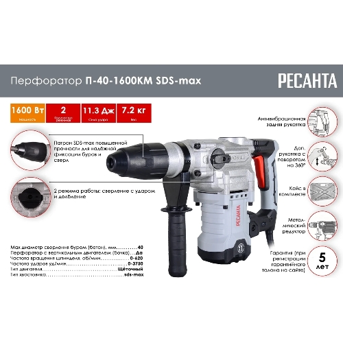 Перфоратор Ресанта П-40-1600КМ, SDS-Max, 1400 Вт, 5,2 Дж, от сети